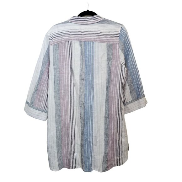 Chico’s 100% Linen Tunic Top Dress Women Size 2 L 12  No Iron‎ Stripe Cuffed - Picture 4 of 15